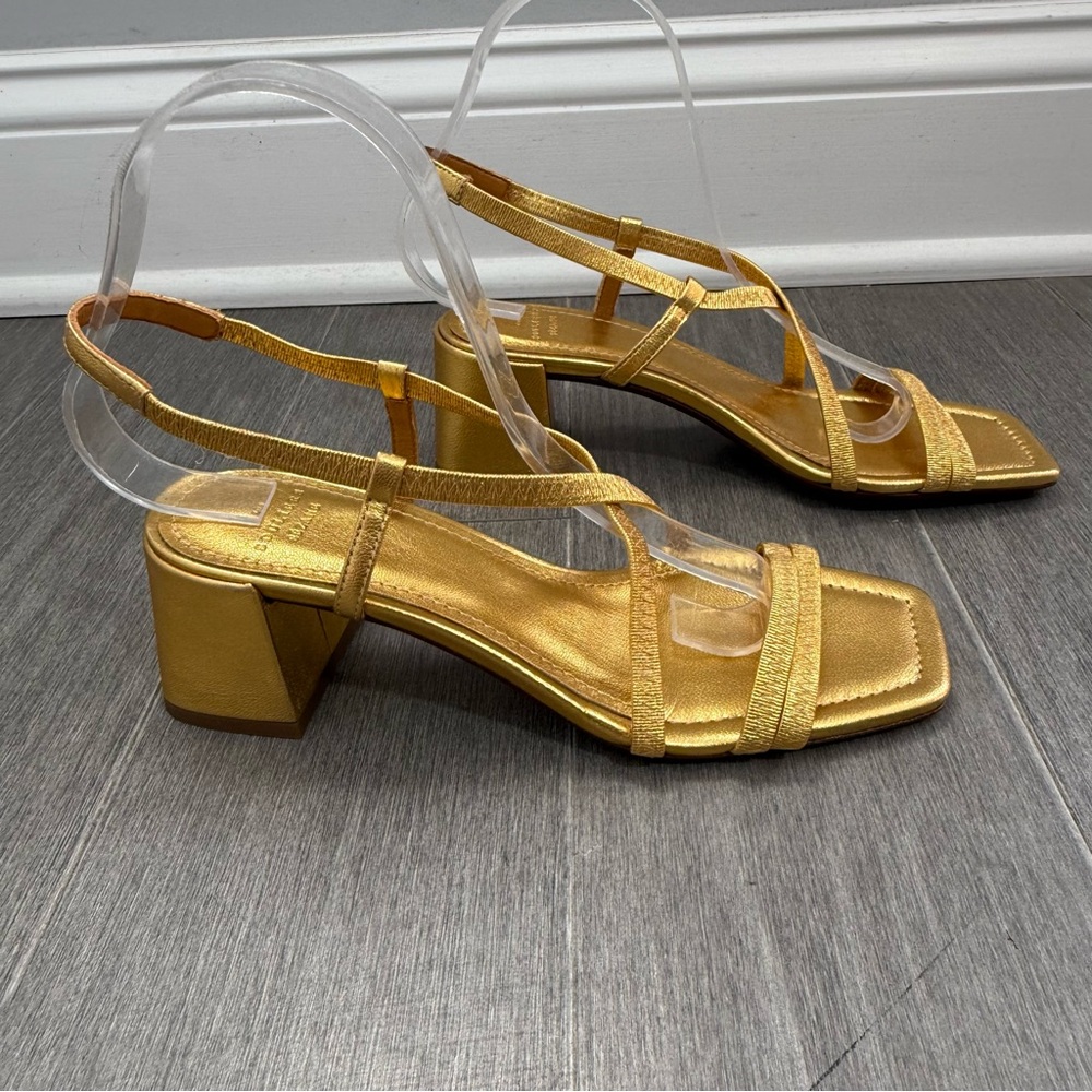 SEZANE PERNILLE SANDALS GOLD 37 6.5 Strappy Block Heel Square Toe Metallic Shoes - Picture 6 of 16